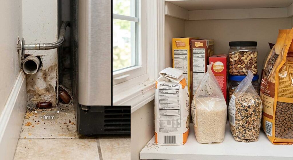 Roach egg case hidden behind an appliance compared with pantry moth eggs near stored dry food.