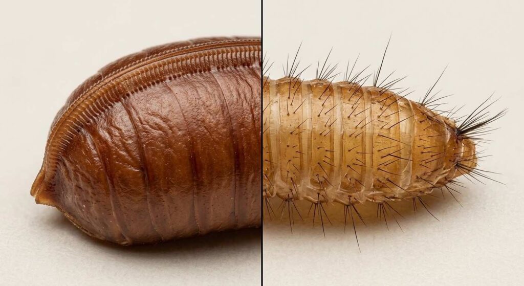 Close comparison of a smooth cockroach egg case and a brittle, bristly carpet beetle shed skin.