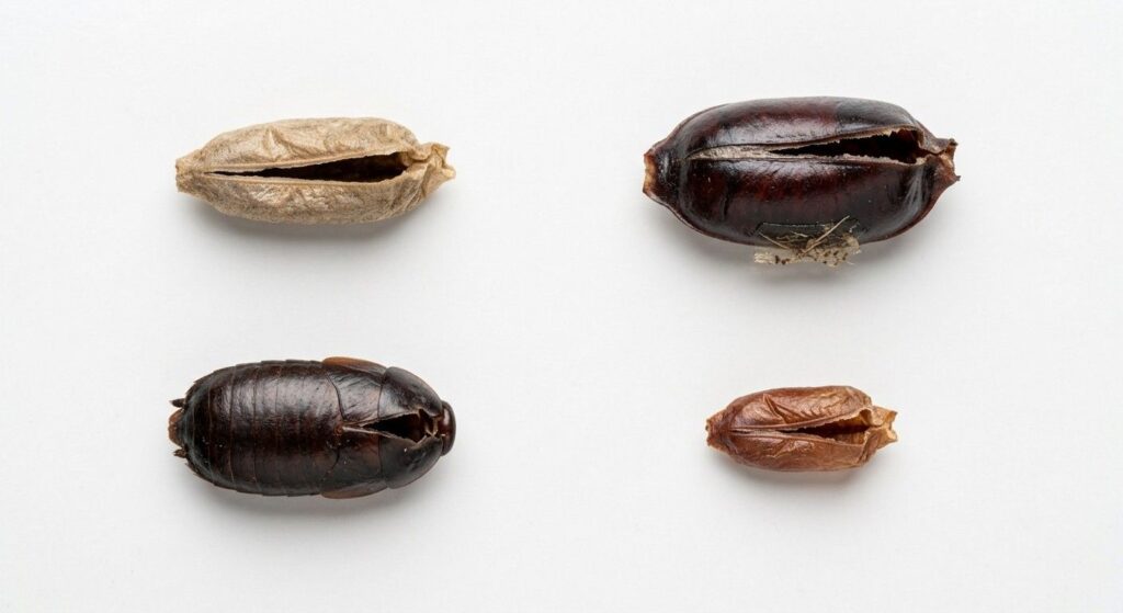 Four hatched cockroach egg cases arranged in a grid on a white surface representing German, American, Oriental, and brown-banded cockroach species, each showing different sizes and colors after hatching.

