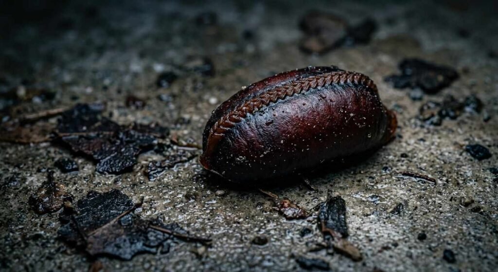 Oriental cockroach ootheca dark reddish-black inflated capsule resting on a damp basement floor near leaf debris