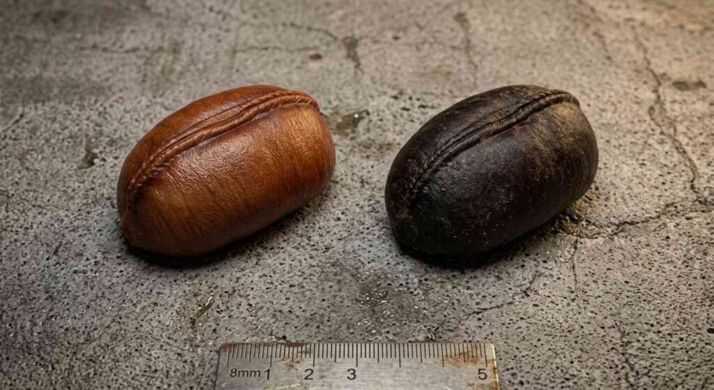 American cockroach egg case color stages showing reddish-brown fresh ootheca turning dark brown to blackish as it matures on a concrete surface

