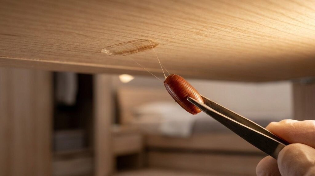 Brown-banded cockroach egg case being carefully peeled away from the underside of a wooden furniture drawer showing adhesive attachment to the surface

