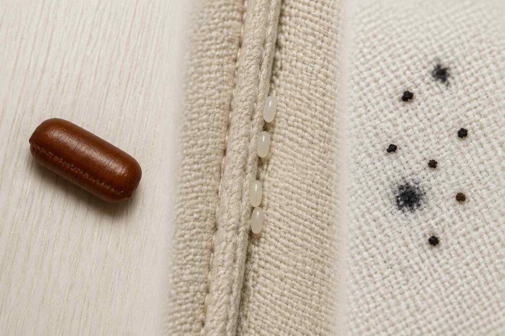 Brown cockroach ootheca and white bed bug eggs compared with flat black insect fecal specks on fabric. 
