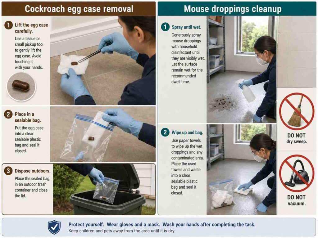 Safe cleanup methods showing a roach egg case sealed in a bag and mouse droppings wetted with disinfectant before wiping.