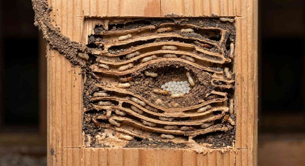Termite eggs and worker termites concealed inside galleries in a damaged wooden beam near a mud tube.