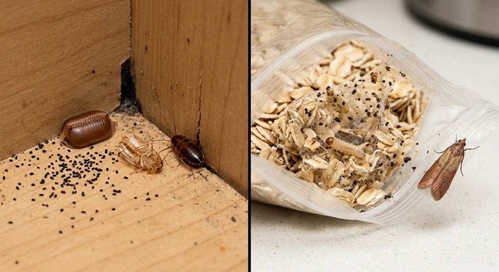 Roach droppings and ootheca compared with pantry moth webbing, larvae, and clumped grain.