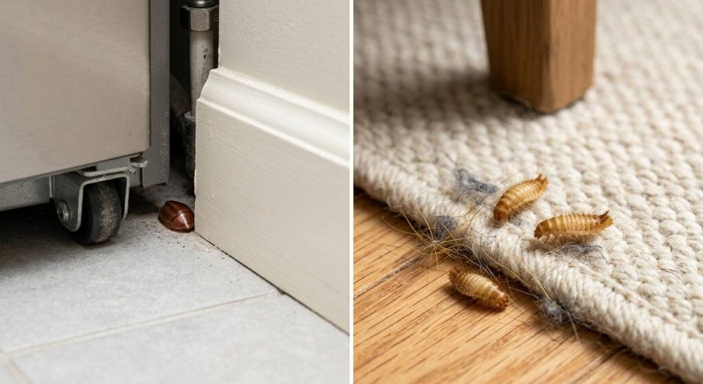 Roach egg case hidden near a refrigerator and carpet beetle shed skins beside a rug and lint.