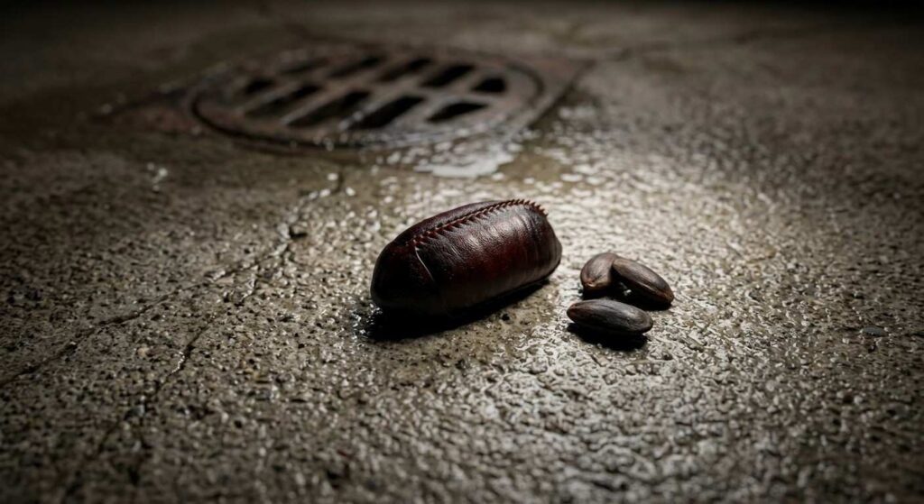 Oriental cockroach dark reddish-brown to nearly black egg case resting on a damp basement floor next to what appear to be black seeds for comparison

