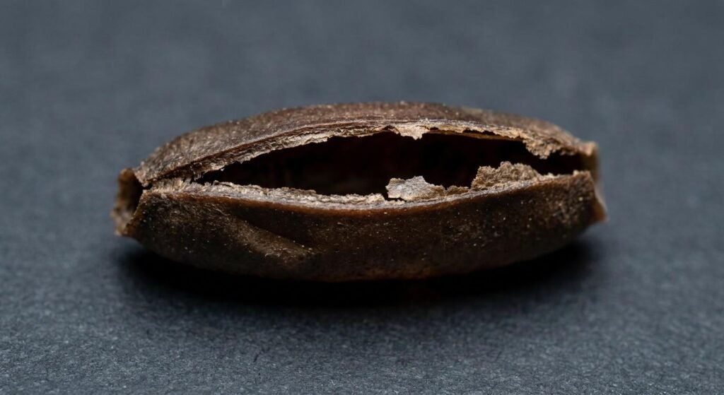 Hatched cockroach egg case showing brittle dry split seam, collapsed hollow body, and papery crumbling edges after nymphs have emerged

