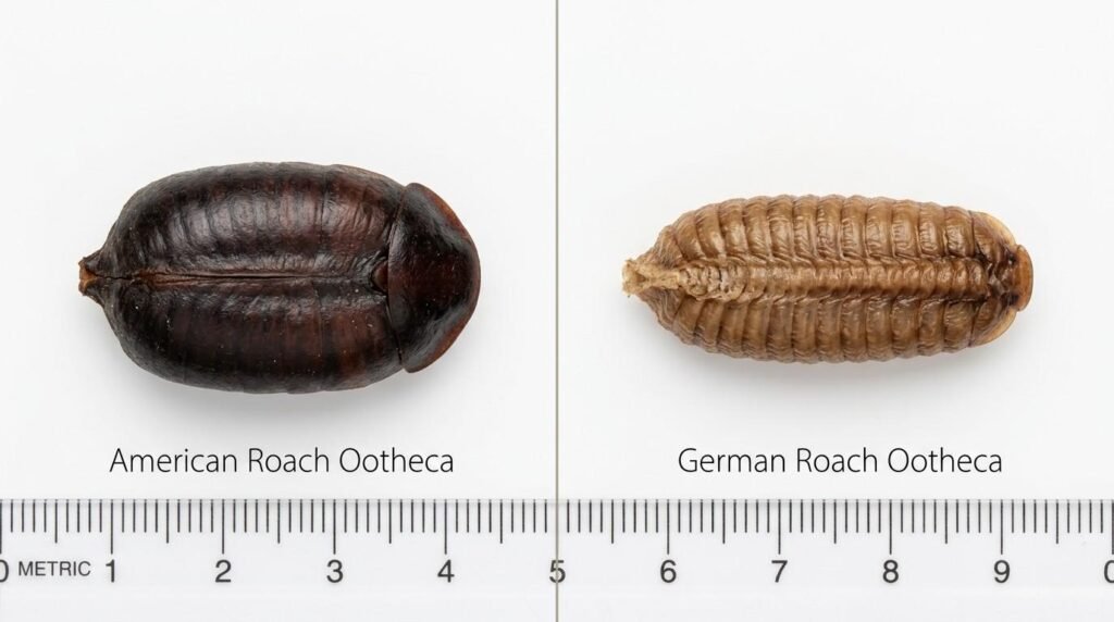 Side-by-side comparison of an American cockroach dark brown thick ootheca versus a German cockroach light tan narrow ridged ootheca showing size color and shape differences


