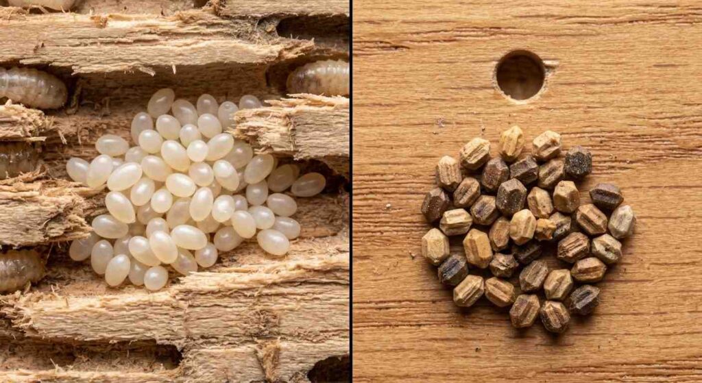 Pale oval termite eggs compared with dry brown termite frass pellets beneath a hole in wood.