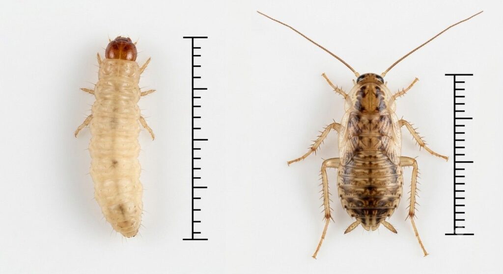 Cream-colored pantry moth larva compared with a flattened six-legged cockroach nymph.