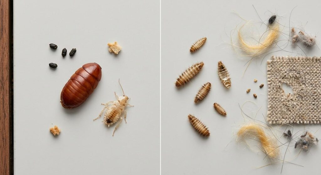 Roach egg case with droppings compared with carpet beetle shed skins near damaged wool and lint.