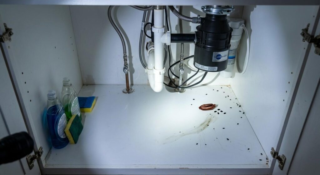 Inside a kitchen cabinet under a sink showing a hatched cockroach egg case in the back corner near a drainpipe surrounded by black cockroach droppings and dark smear marks on the cabinet floor