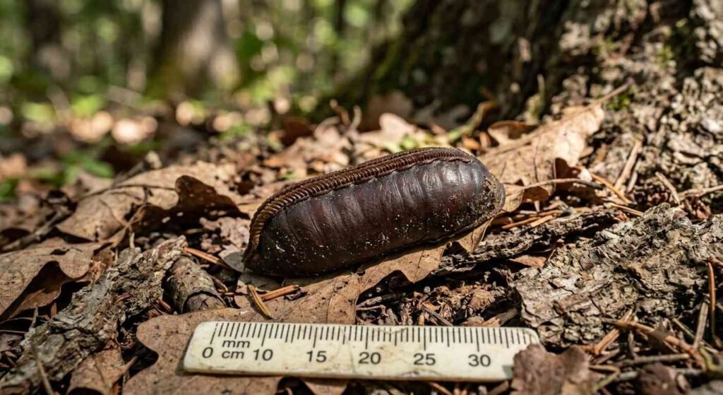 Smokybrown cockroach large dark brown 13mm egg case resting in dried leaf litter near a tree base outdoors