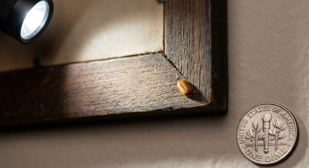 Brown-banded cockroach yellowish to reddish-brown tiny egg case glued to the back of a wooden picture frame on a bedroom wall