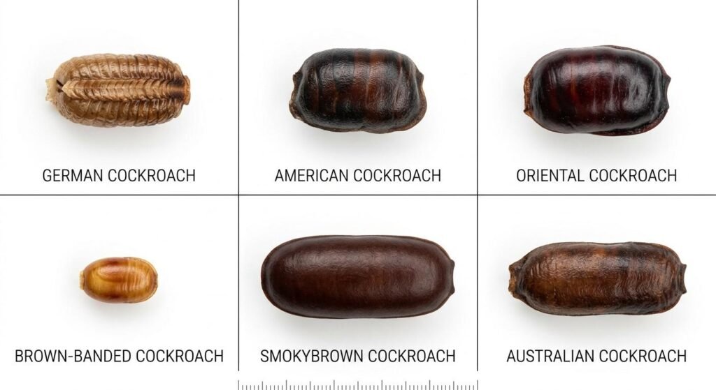 Six cockroach egg cases from different species arranged in a grid showing their different surface textures — ridged German, thick American, inflated Oriental, tiny brown-banded, large smokybrown, and brown Australian

