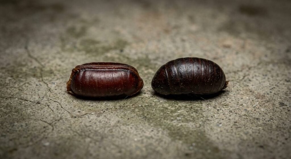 Comparison image of an American cockroach brown purse-shaped ootheca next to a darker slightly inflated Oriental cockroach ootheca on a damp basement floor

