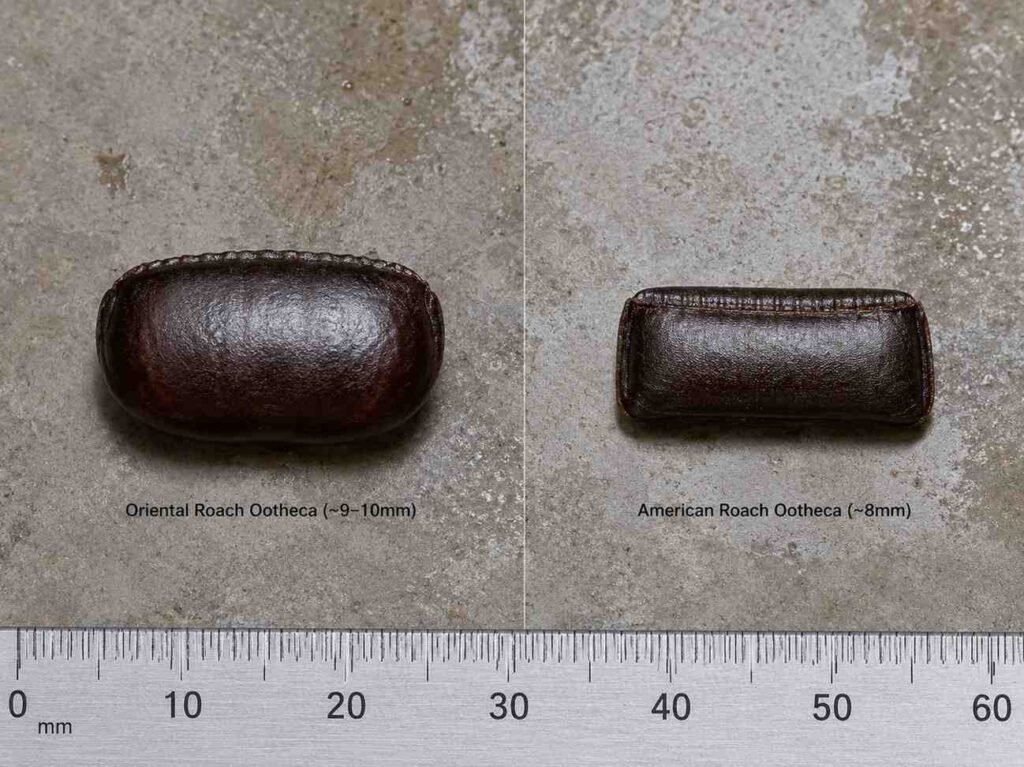 Side-by-side macro comparison of an Oriental cockroach near-black inflated ootheca versus an American cockroach dark brown purse-shaped ootheca on a damp concrete surface

