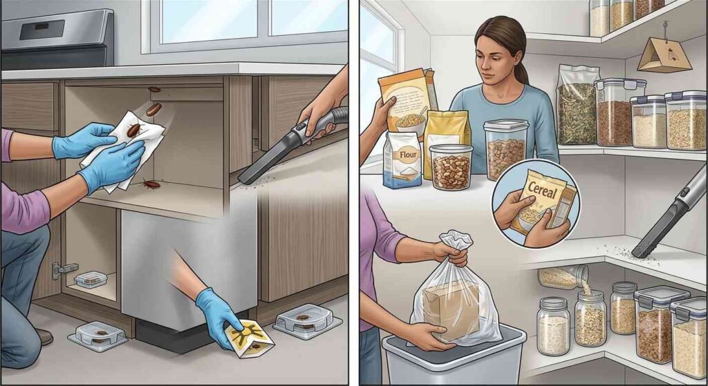 Removing a roach egg case and cleaning harborages compared with discarding infested food and sealing pantry goods.