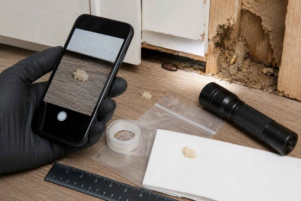 Gloved person photographing suspected pest eggs with a ruler, evidence bag, flashlight, and inspection tools nearby.