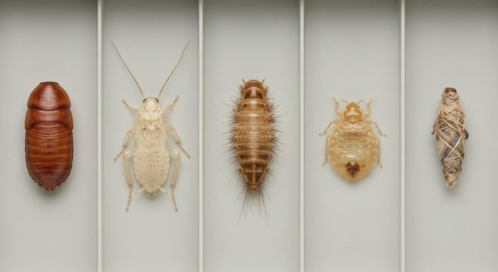Lineup of a roach egg case, roach molt, carpet beetle shed skin, bed bug molt, and moth case.