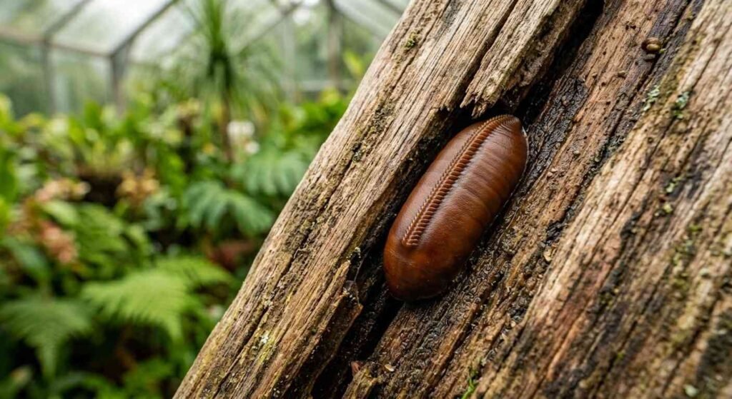 Australian cockroach ootheca brown egg case tucked inside a crack in a greenhouse wooden frame near green plants
