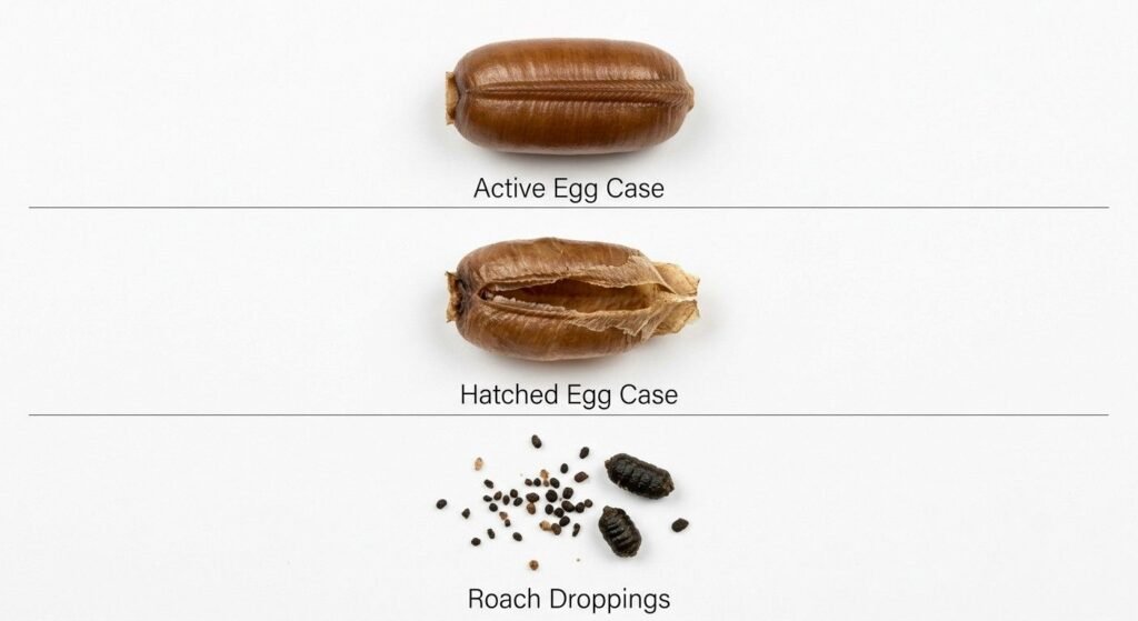 Side-by-side macro comparison of a firm brown cockroach egg case capsule versus small scattered cockroach droppings showing completely different textures and shapes

