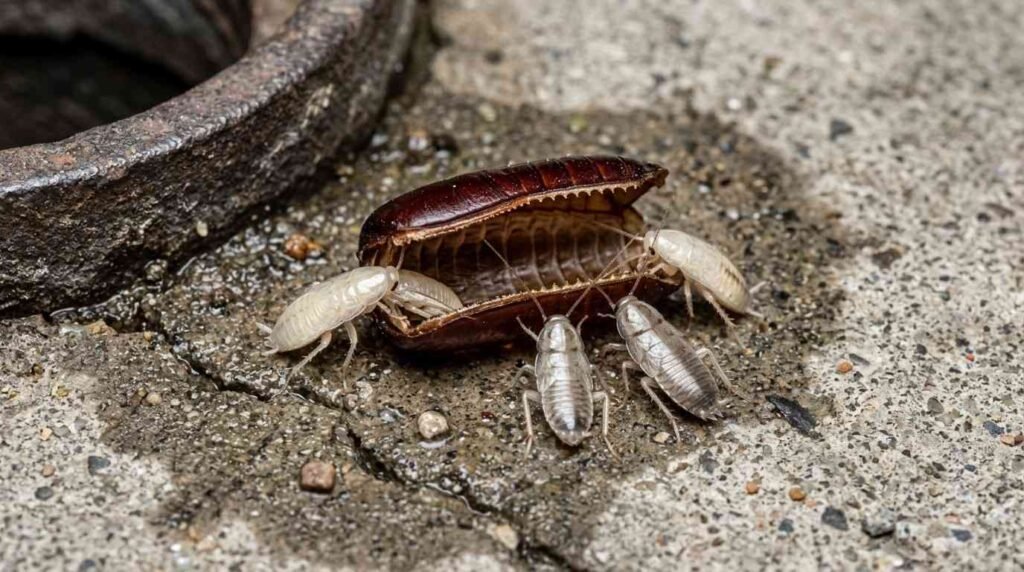 Newly hatched American cockroach nymphs emerging from a split ootheca appearing pale white and grayish-brown on a concrete surface near a drain

