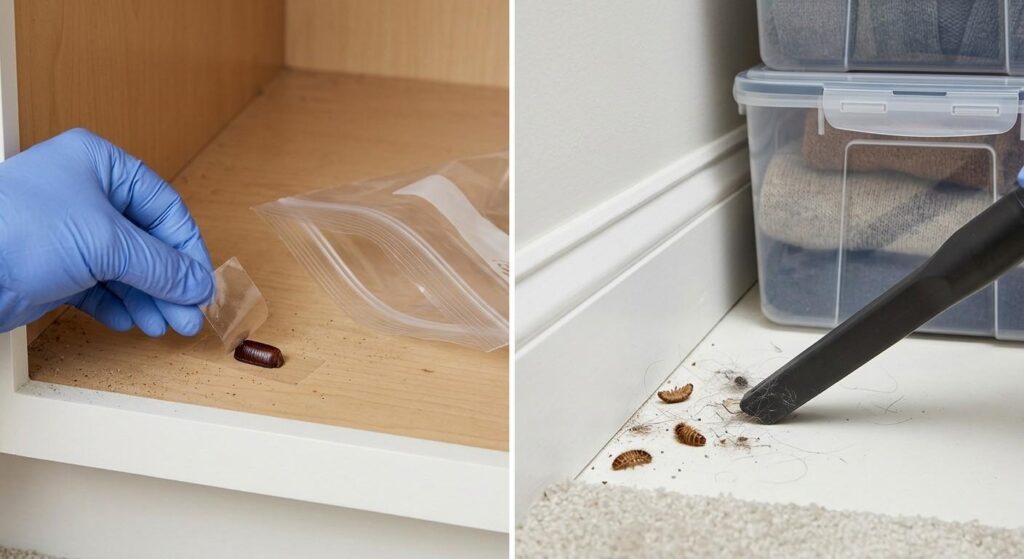 Gloved removal of a roach egg case and vacuum cleaning of carpet beetle shed skins and lint.