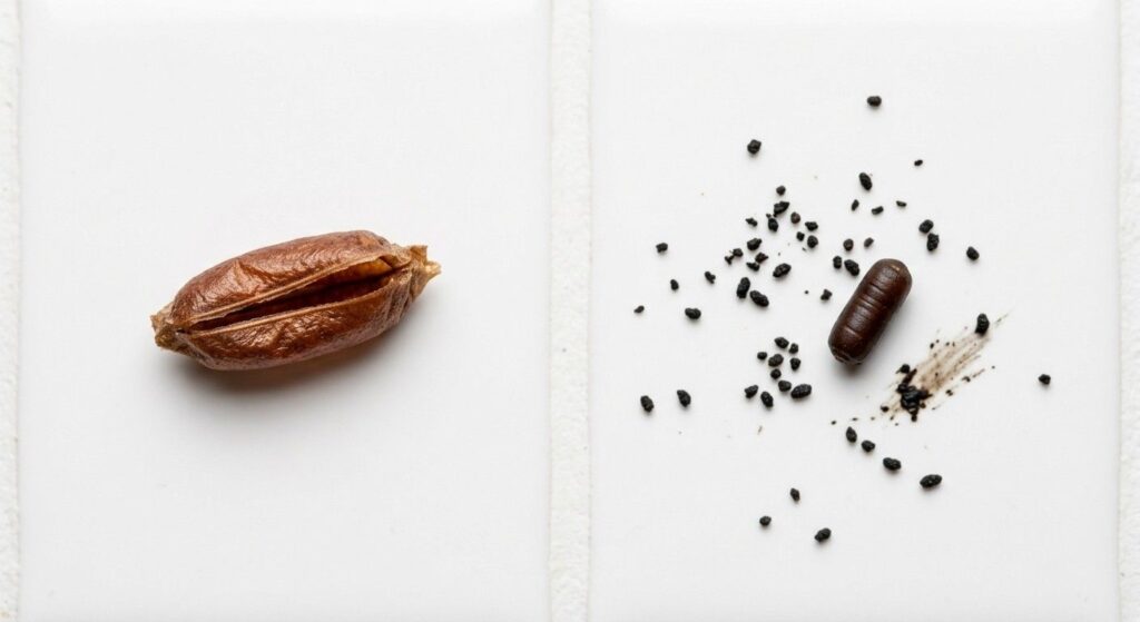 Educational flat-lay comparison on white tile showing a hatched cockroach egg case with a split seam on the left and a cluster of cockroach droppings of various sizes and types on the right.

