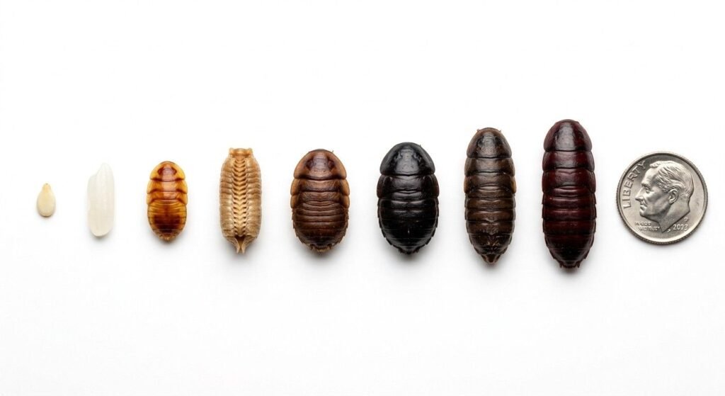 Side-by-side size comparison of roach egg cases next to a sesame seed, grain of rice, and a dime on a white background