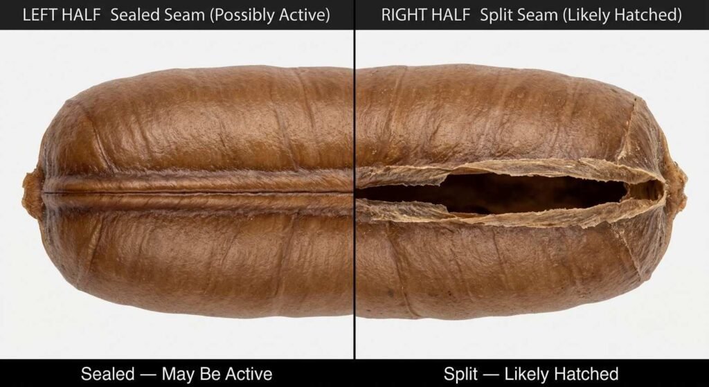 Close-up macro image showing sealed seam of an unhatched roach ootheca on the left and split open seam of a hatched hollow ootheca on the right

