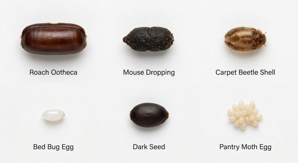 Macro comparison image showing a cockroach egg case alongside common lookalikes including a mouse dropping, carpet beetle shell, bed bug egg, and a dark seed to show texture differences