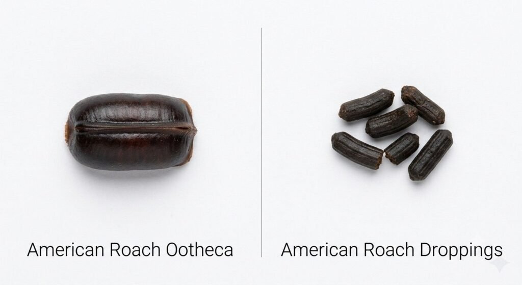 Macro comparison showing a firm dark brown American cockroach ootheca capsule beside American cockroach large ridged droppings to show the shape and texture difference

