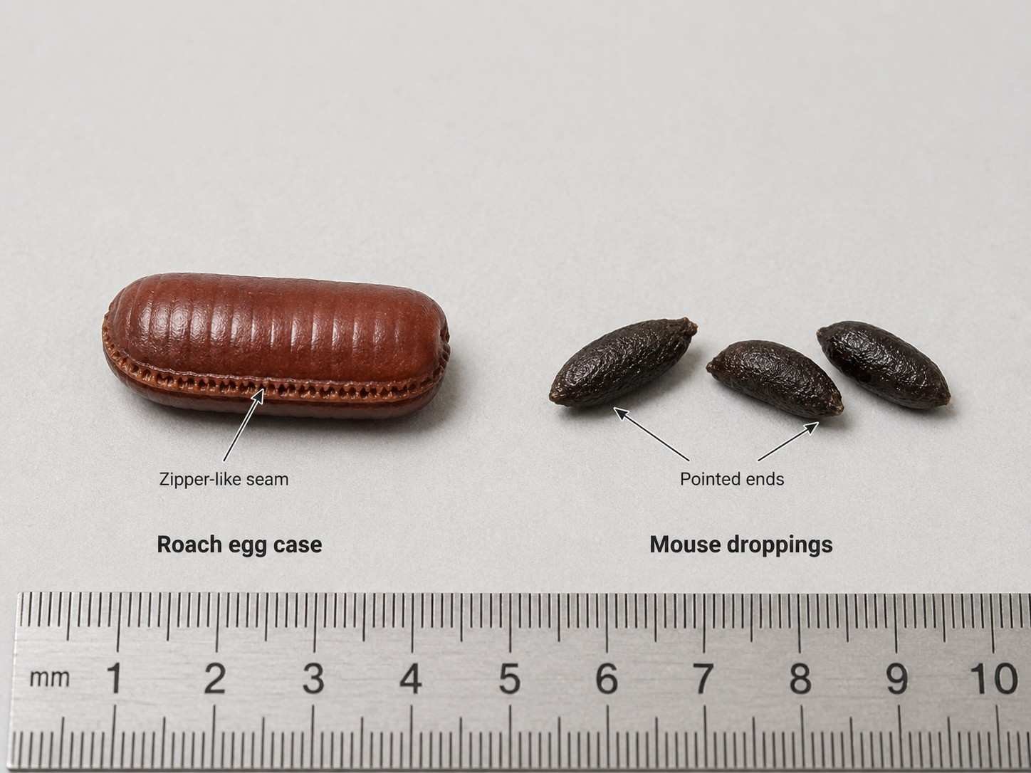 Side-by-side comparison of a ridged cockroach egg case and smooth, pointed mouse droppings beside a millimeter ruler.