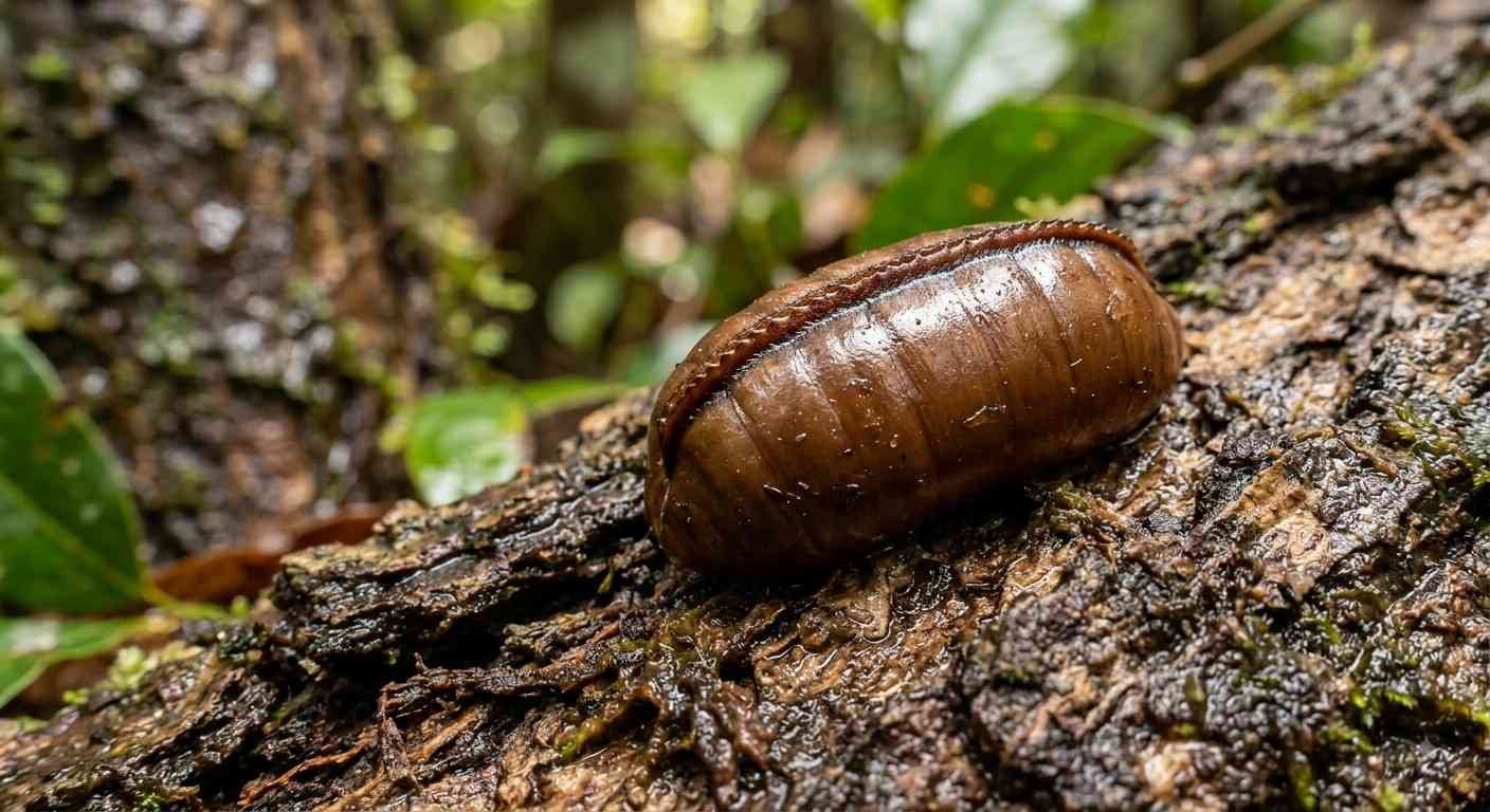 Australian cockroach ootheca egg case on damp tree bark, brown oval capsule about 11mm long