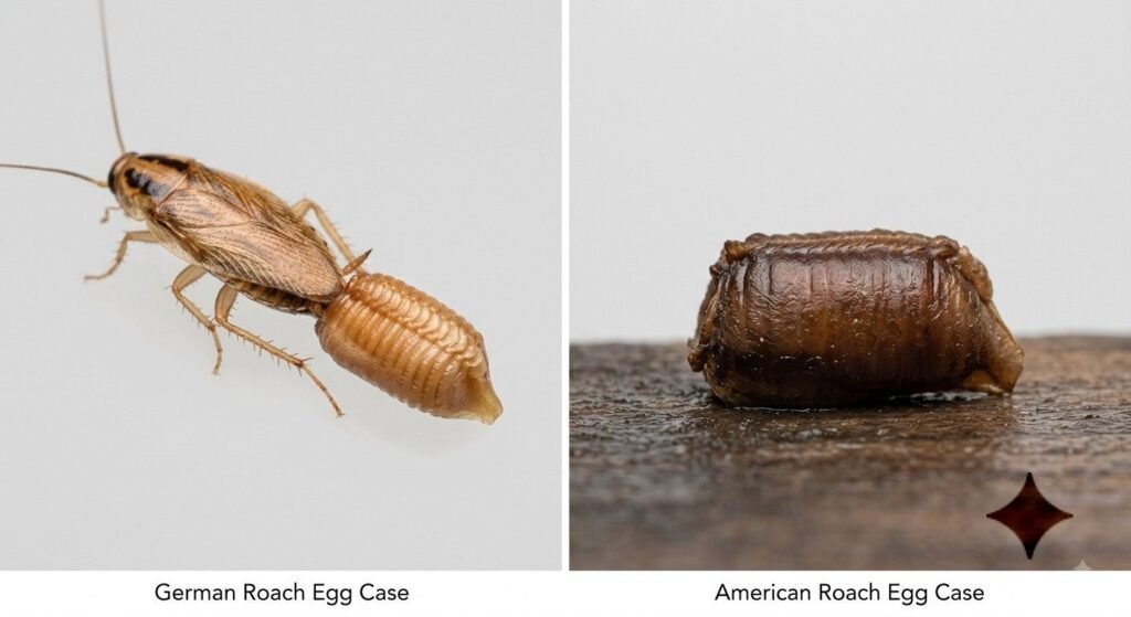 Side-by-side comparison of a light tan German roach egg case attached to a female roach versus a dark brown American roach egg case