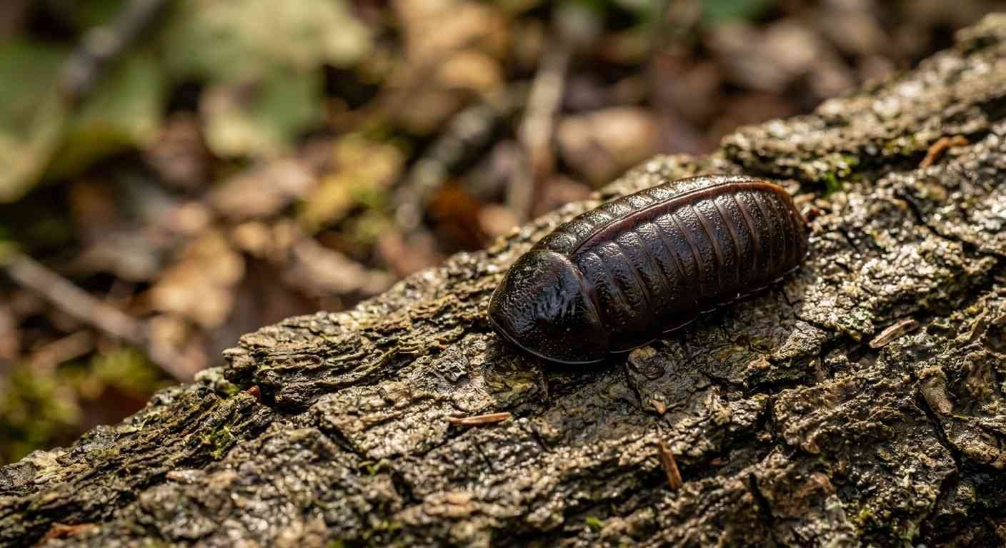 Smokybrown cockroach ootheca egg case on tree bark, dark brown capsule approximately half an inch long