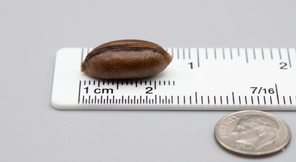 Close-up of Australian cockroach egg case measured against a ruler showing 11mm length and brown leathery texture