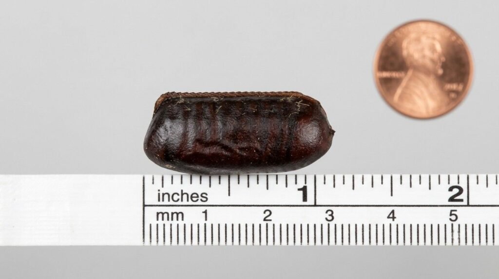 Close-up of smokybrown roach egg case measured against a ruler showing half-inch length and dark brown leathery texture