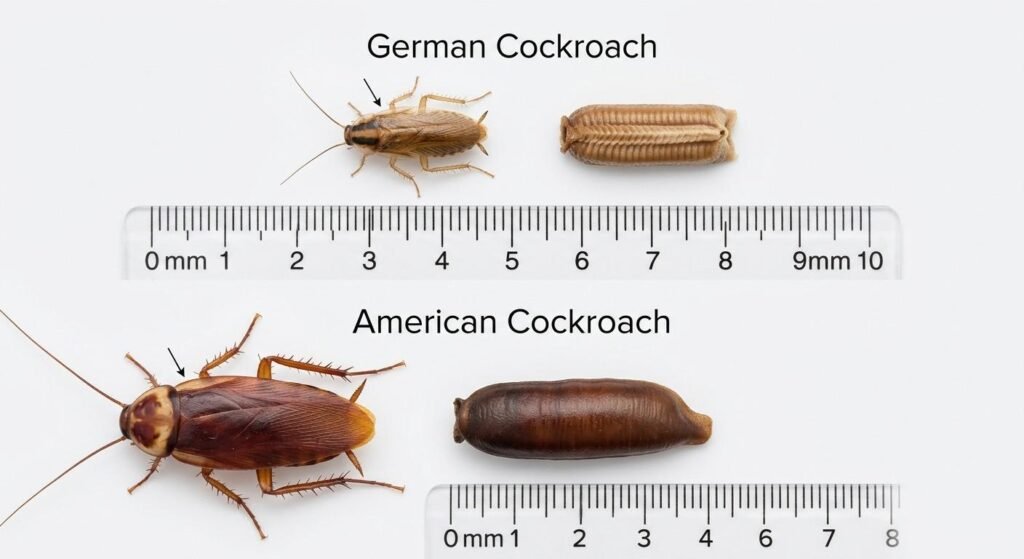 Infographic comparing German and American cockroach adults with their respective egg cases and size measurements