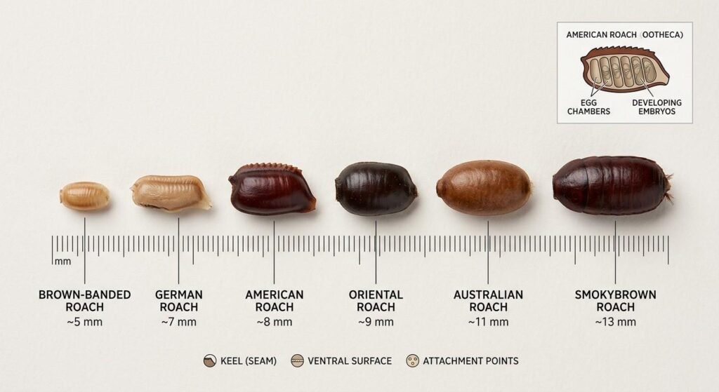 Size comparison chart of six cockroach egg cases showing Australian cockroach ootheca at approximately 11mm