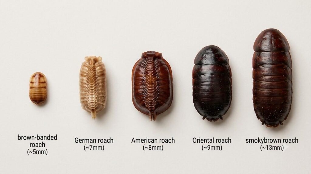 Size comparison chart of five cockroach egg cases showing smokybrown roach ootheca as the largest at 13mm