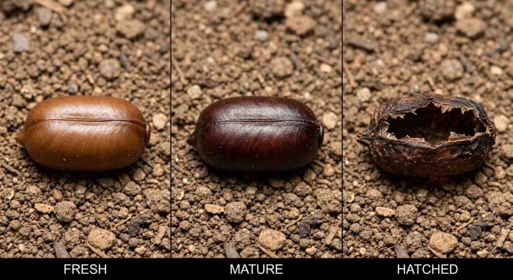 Three-panel comparison of fresh, mature, and hatched Australian cockroach egg cases showing color and texture changes