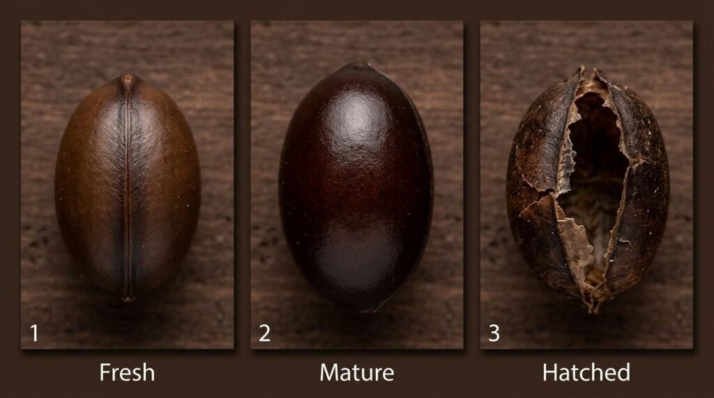 Three-panel comparison of fresh, mature, and hatched smokybrown roach egg cases showing color and texture changes