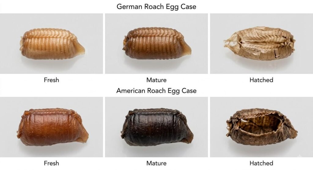 Six-panel comparison chart showing color changes in German versus American roach egg cases from fresh to hatched stages