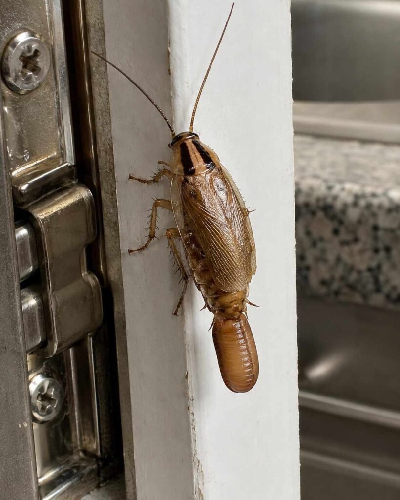 Close-up of a light tan, narrow, ridged German cockroach ootheca attached to a female cockroach