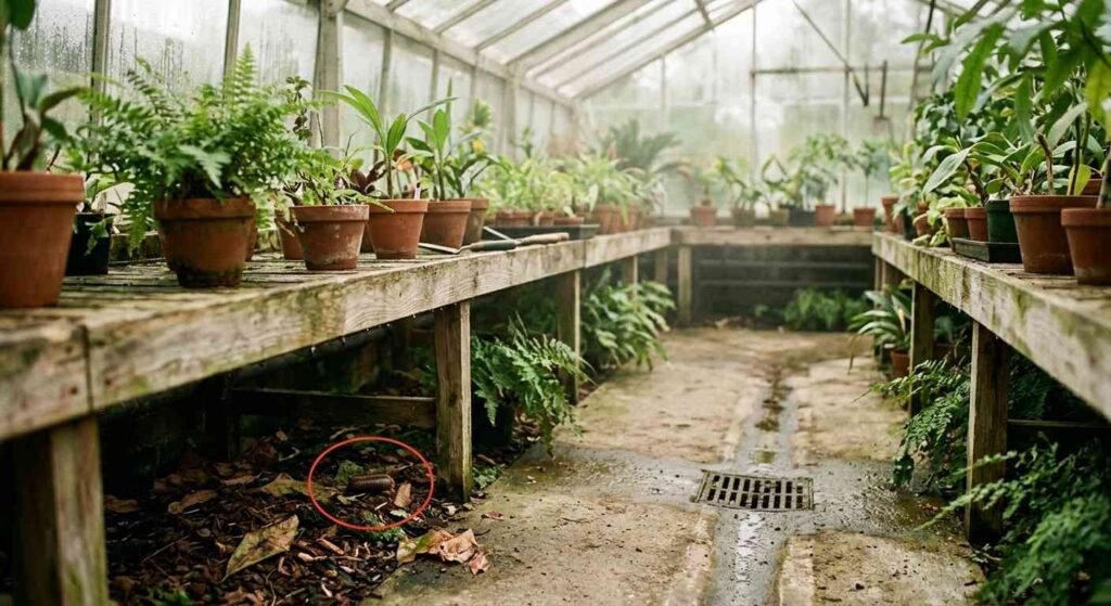 Greenhouse interior with a hidden Australian cockroach egg case tucked under a plant bench in damp mulch