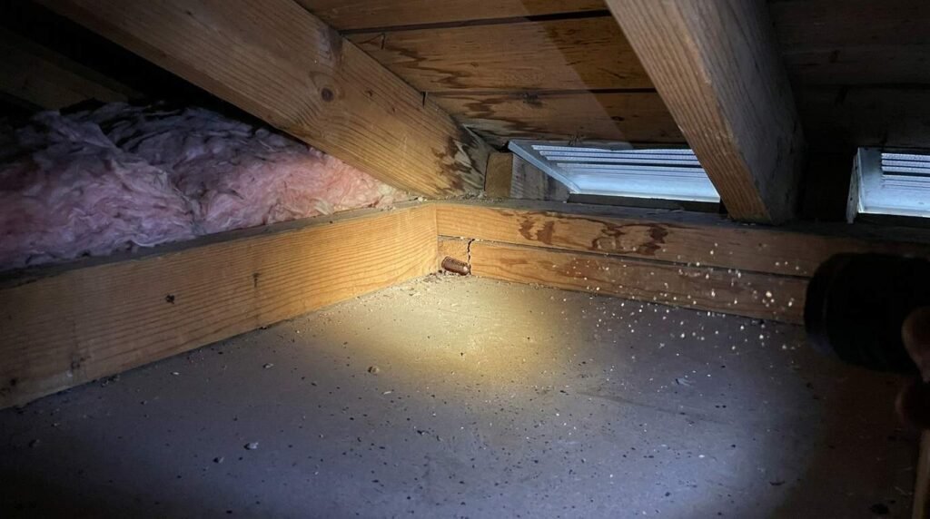 Attic inspection showing a smokybrown roach egg case hidden near a roof-wall junction with visible water staining